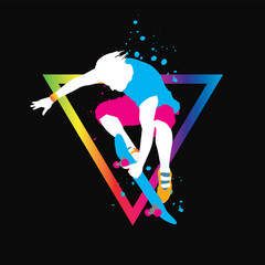 Stylish skater in jeans and sneakers. Skateboard. Vector illustration for a postcard or a poster, print for clothes. Street cultures. © juliagrin