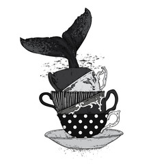 Obraz premium A whale diving into the water. Vector illustration for a postcard or a poster, print for clothes. Sea and ocean. Whale in the cup.