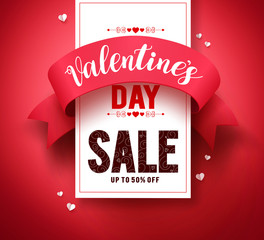 Valentines day sale text vector banner design with ribbon and hearts elements in red background for valentines day holiday discount promotion. Vector illustration.

