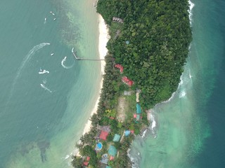Aerial view of Manukan Island of Sabah, Malaysia. Clear green ocean. Manukan Island is the most...