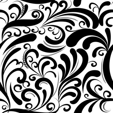 Paisleys seamless pattern. White floral background wallpaper illustration with hand drawn black ornamental paisley flowers, leaves, elegance flourish ornaments. Vector endless isolated texture