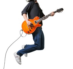 Portrait of a Musician Jumping while Playing an Electric Guitar