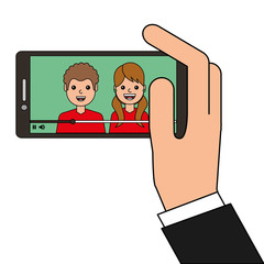 young couple happy in smartphone avatar character vector illustration design