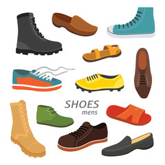 Male man season shoes in flat style. Men boots isolated set vector illustration