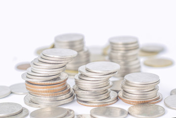 Rows coins for finance and banking concept on white background, isolate