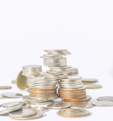 Rows coins for finance and banking concept on white background, isolate
