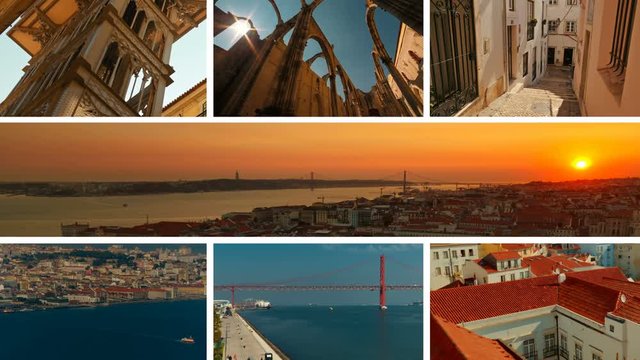 The Lisbon Collection: A collage of some of the most famous monuments of Lisbon, Portugal, including Elevador de Santa Justa, Convento do Carmo and Ponte 25 de Abril bridge