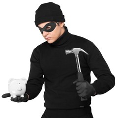 Portrait of a Thief Holding Piggy Bank and a Hammer