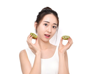 Kiwi is great for health - Healthy fruit. Funny bezutiful woman holding kiwi fruit 