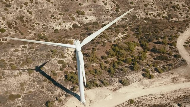 Aerial view of wind turbine in Cyprus. Summer sunny day