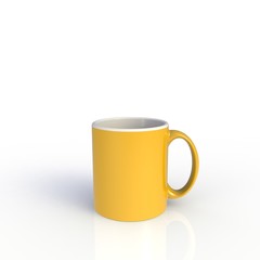 Yellow coffee cup isolated on white background. Close up with side view. Mock up Template for application design. Exhibition equipment. Set template for the placement of the logo. 3D rendering.