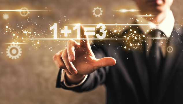 1 Plus 1 Equal 3 text with businessman on dark vintage background