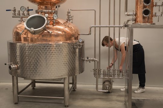 Female worker checking machine of distillery - Powered by Adobe