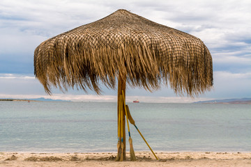 La playa con su sombrilla y sus tablas de surf.