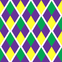Mardi Gras abstract geometric pattern. Purple, yellow, green rhombus repeating texture. Endless background, wallpaper, backdrop. Vector illustration