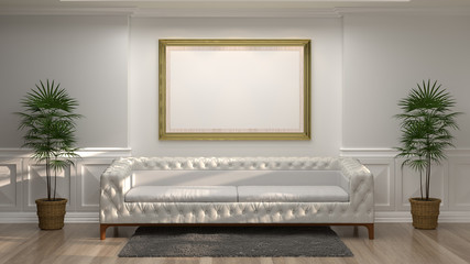 mock up empty golden photo frame with white sofa in front of empty white wall decorative items minimal style in empty room vintage style,3d rendering luxury living room modern interior home design