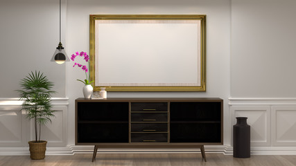 mock up empty photo frame with wooden cabinet with lamp in front of empty white wall decorative items minimal style in empty room vintage style,3d rendering luxury living room interior home design
