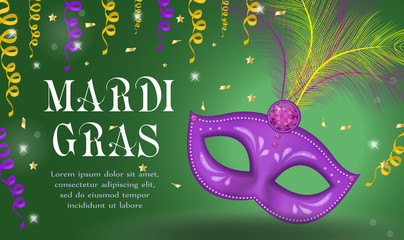 Mardi Gras carnival poster, invitation, greeting card. Happy Mardi Gras Template for your design with mask feathers. Holiday in New Orleans. Fat Tuesday background. Vector illustration