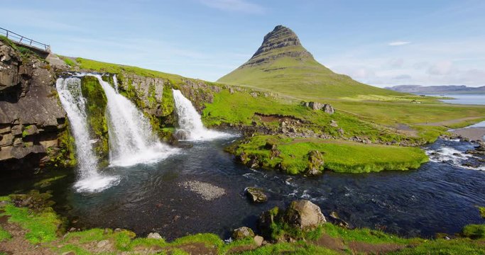 Iceland nature Kirkjufell mountain landscape on West Iceland on the Snaefellsnes peninsula. Iceland tourist destination and most photographed Icelandic mountain and famous icon. RED EPIC SLOW MOTION.