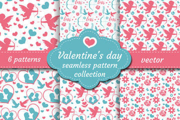 Happy Valentine's Day seamless pattern set. Collection Cute romantic love endless background. Cupid, heart, flowers, couple repeating texture. Vector illustration