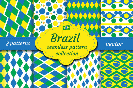 Brazil set of abstract geometric pattern. Collection blue, yellow, green rhombus repeating texture. Endless background, wallpaper, backdrop. Vector illustration