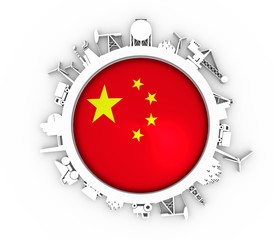 Circle with industry relative silhouettes. Objects located around the circle. Industrial design background. Flag of the China in the center. 3D rendering