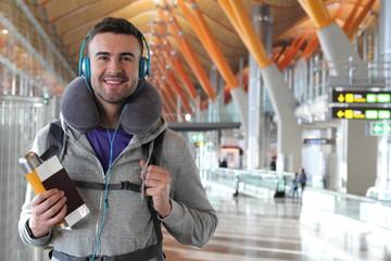 Happy male about to fly overseas