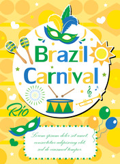 Welcome Brazil carnival  poster, invitation, flyer. Templates for your design. Brazilian Festival, Masquerade background. Rio de Janeiro Travel concept. Vector illustration