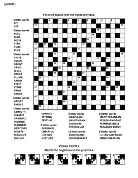 Puzzle page with two puzzles: 19x19 criss-cross (kriss-kross, fill in the blanks) crossword word game (English language) and abstract visual puzzle. Black and white, A4 or Letter sized.
