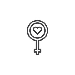 Female gender symbol with heart line icon, outline vector sign, linear style pictogram isolated on white. Symbol, logo illustration. Editable stroke
