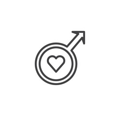 Male gender symbol with heart line icon, outline vector sign, linear style pictogram isolated on white. Symbol, logo illustration. Editable stroke
