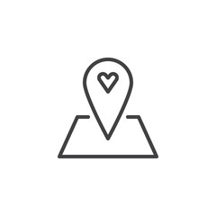 Love location line icon, outline vector sign, linear style pictogram isolated on white. Map pointer with heart symbol, logo illustration. Editable stroke