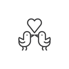 Love birds with heart line icon, outline vector sign, linear style pictogram isolated on white. Valentine's Day lover bird symbol, logo illustration. Editable stroke
