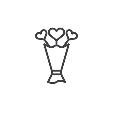 Heart flowers bouquet line icon, outline vector sign, linear style pictogram isolated on white. Valentine's day symbol, logo illustration. Editable stroke