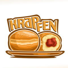 Vector illustration of german Krapfen, two bavarian doughnuts with jam on yellow dish, original typeface for word krapfen, whole and cut half donuts with gelly sprinkled sugar, traditional german buns