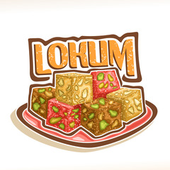 Vector illustration of Lokum, poster with pile of turkish delight powdered sugar on square dish, original typeface for title text lokum, traditional arabic dessert with pistachios for Ramadan holiday.