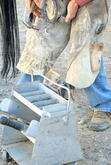 Cowboy farrier working on a horseshoe on the ranch.