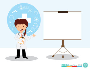 Fototapeta premium The professional medical team for health life concept with logo, little doctor boy, girl in gown suit and cartoon act - vector illustration Eps 10.