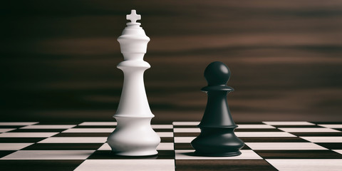 White chess king and black pawn on a chessboard. 3d illustration