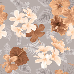 Tropisches nahtloses Muster mit Hibiskusblüte und -blatt auf Erdtonfarbhintergrund. Vektorset aus exotischem tropischem Garten für Hochzeitseinladungen, Grußkarten und Modedesign.