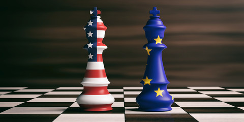 USA and EU flags on chess kings. 3d illustration © Rawf8