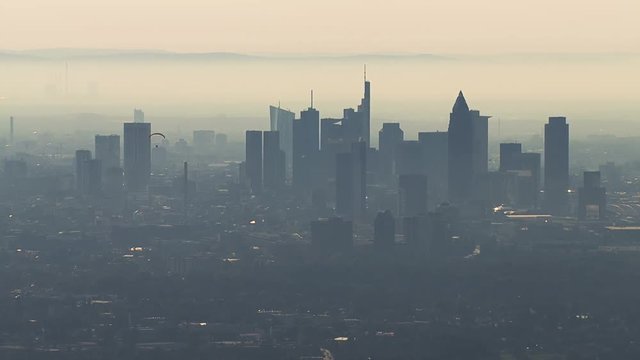 Financial district Frankfurt skyline aerial shot. Silhouettes of skyscrapers. 