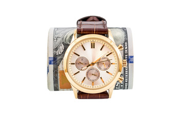 Golden Wrist watch with rolled up dollars isolated on a white.