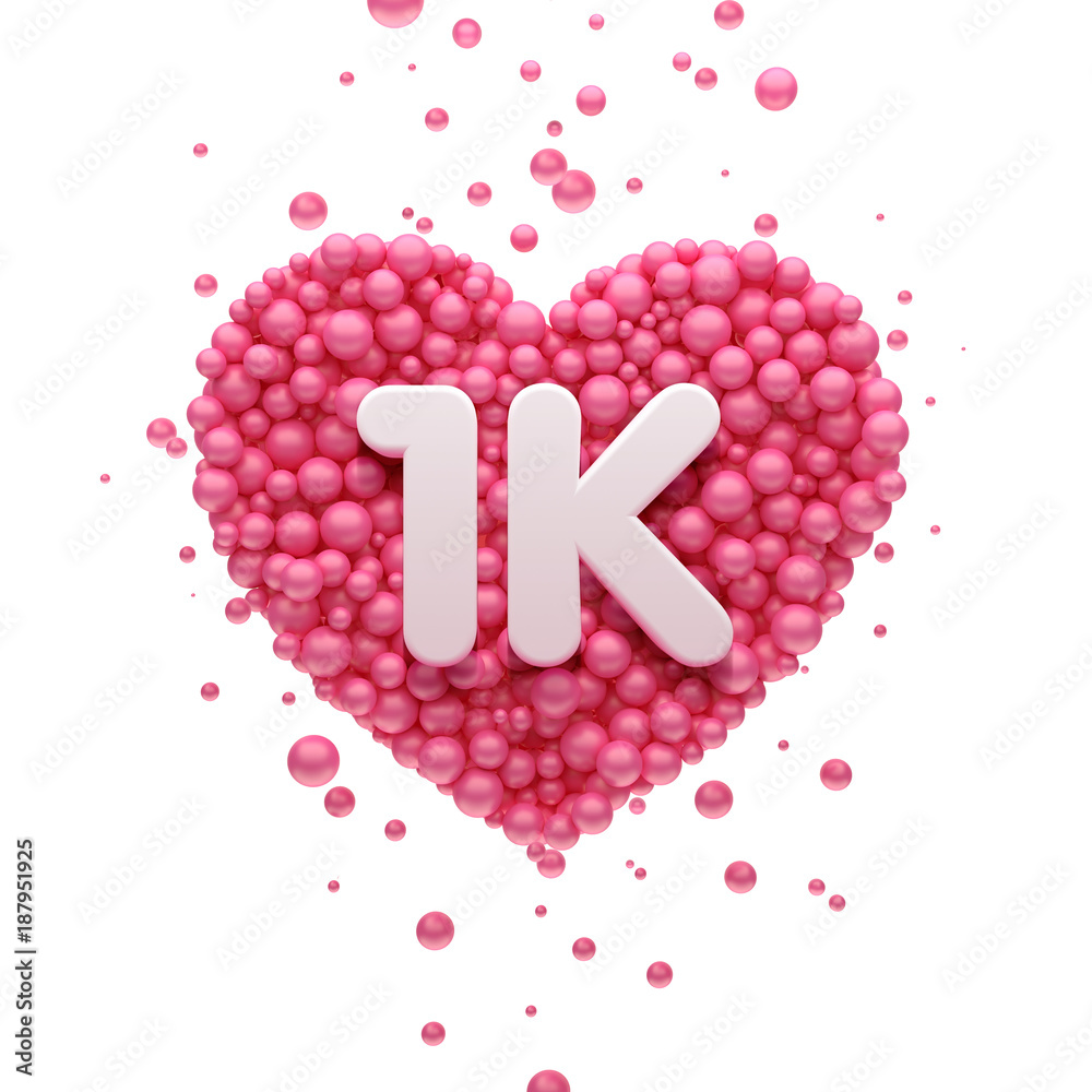 Wall mural 1k or 1000 followers thank you Pink heart and red balloons, ball. 3D Illustration for Social Network friends, followers, Web user Thank you celebrate of subscribers or followers and likes.