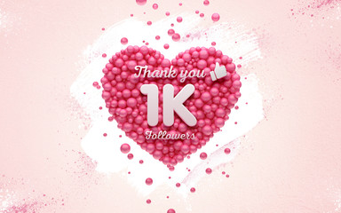 1k or 1000 followers thank you Pink heart and red balloons, ball. 3D Illustration for Social Network friends, followers, Web user Thank you celebrate of subscribers or followers and likes.