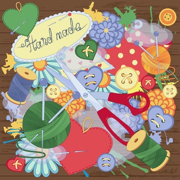 Background with scissors, buttons and cloth