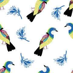 Seamless pattern with colorful birds and leaves.