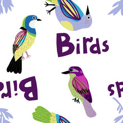 Seamless pattern with colorful birds and leaves.