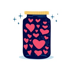 Design illustration with  cute battle love potion. Decoration jar of hearts for menu or postcard and poster for happy valentine's day. Vector