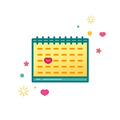 Design icon with cute calendar. Note with heart symbol for banner or promotion.  Symbol with anniversary or valentine's day date. Vector